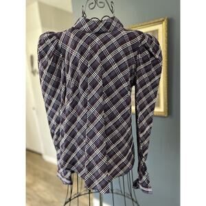 $368 NWT Veronica Beard Isabel Reversed Wine Plaid Blouse Puff Sleeves Size 2